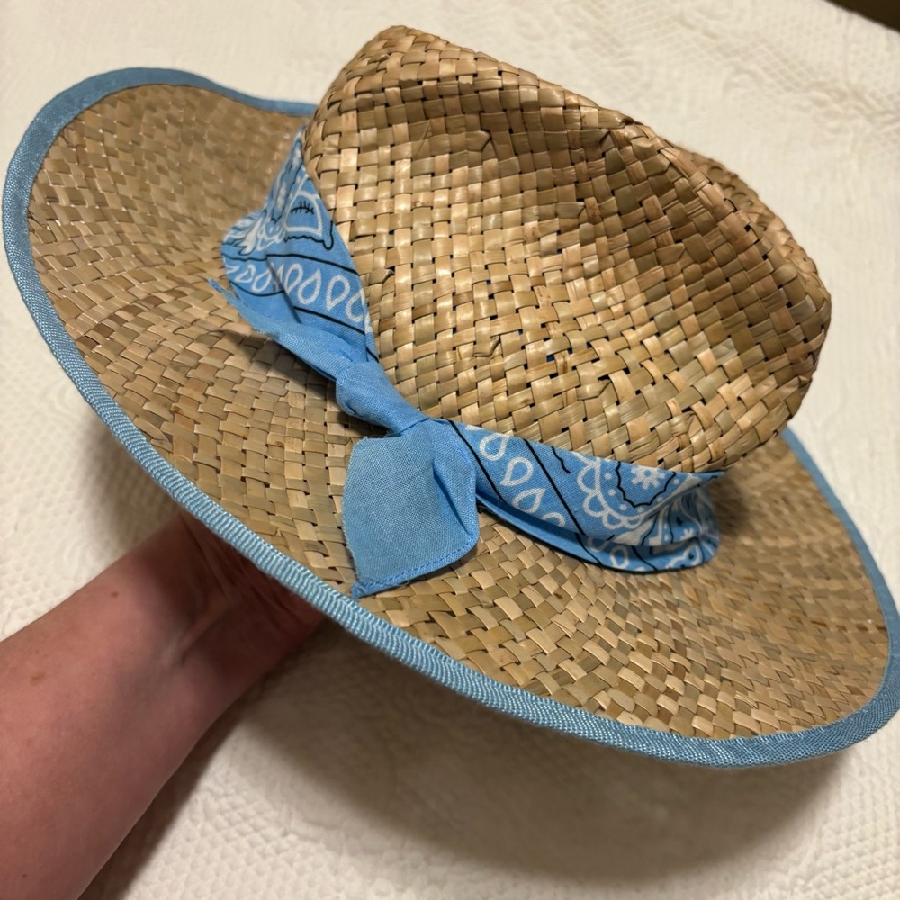 Tirabasso Straw Fedora Adjustable Hat with light blue bandana hat band, NWT